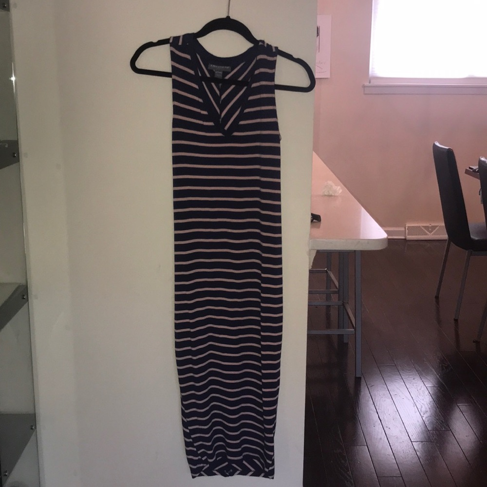 Navy and peach chevron striped fitted midi dress